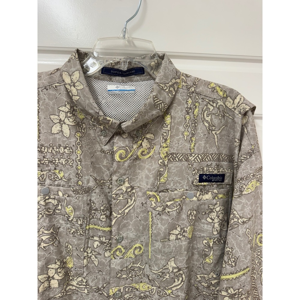Columbia PFG Super Tamiami Fishing Shirt XXL Mens Tan Lime Nautical Print S/S